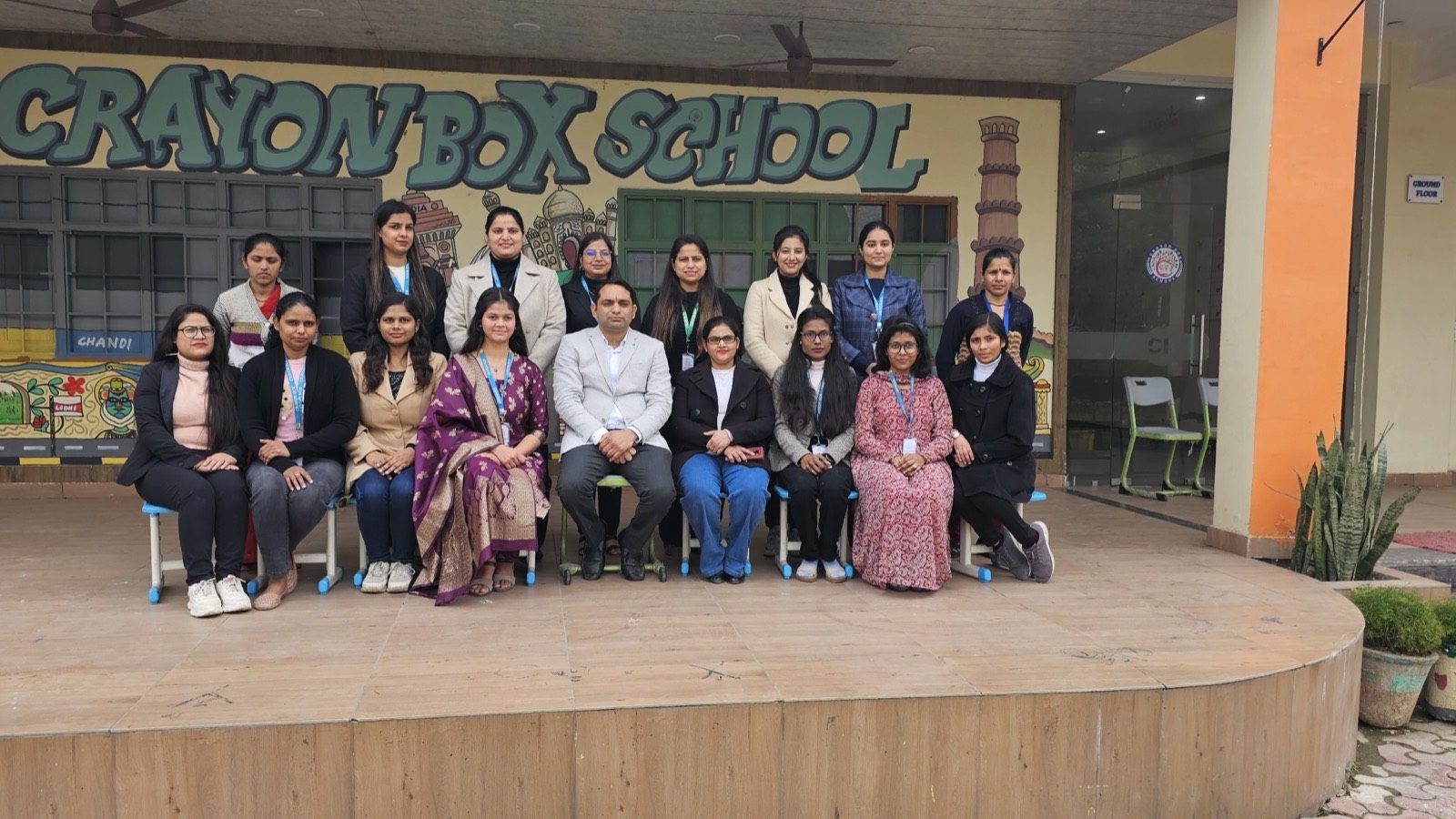 Official group portrait of Crayon Box School faculty and leadership team in Burari Delhi